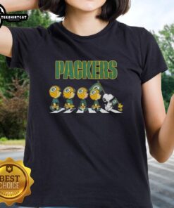 Original Green Bay Packers X Peanuts Snoopy and Friends Abbey Road ladies tee featuring iconic characters in team colors.