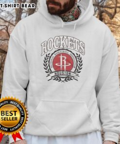 Original Houston Rockets NBA logo with laurel wreath frame on a retro hoodie, showcasing vintage basketball style.