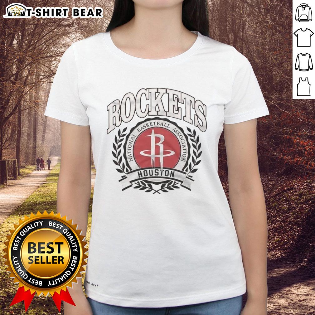 Original Houston Rockets National Basketball Association Logo Laurel Wreath Frame Retro Ladies-Tee Alt Text: Original Houston Rockets NBA logo in a laurel wreath frame on a retro ladies tee, perfect for basketball fans.