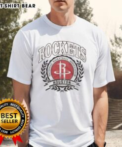 Retro Houston Rockets NBA logo T-shirt featuring a laurel wreath frame design for basketball fans and collectors.