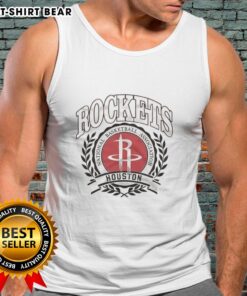 Alt Text: Retro tank top featuring the original Houston Rockets NBA logo with a laurel wreath frame design.