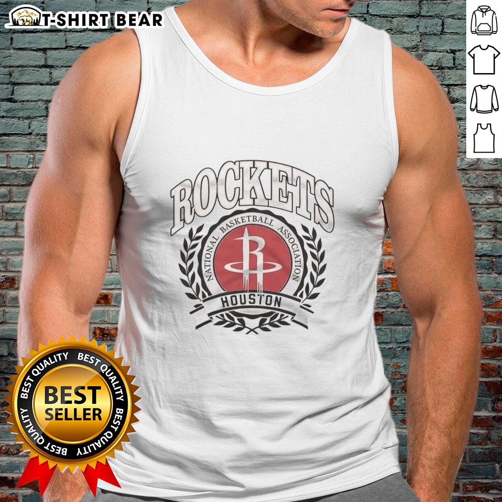 Original Houston Rockets National Basketball Association Logo Laurel Wreath Frame Retro Tank Top Alt Text: Retro tank top featuring the original Houston Rockets NBA logo with a laurel wreath frame design.