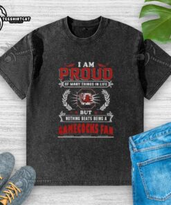 Alt Text: Worn 'I Am Proud Of Many Things' t-shirt showcasing South Carolina Gamecocks fan pride and spirit.