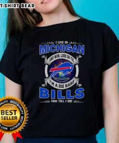 Original I Live In Michigan Buffalo Bills fan ladies tee showcasing team pride with vibrant graphics and bold text.