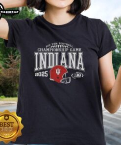 Original Indiana Hoosiers 2025 Big Ten Football Championship Game ladies tee in red, perfect for fans and game day.