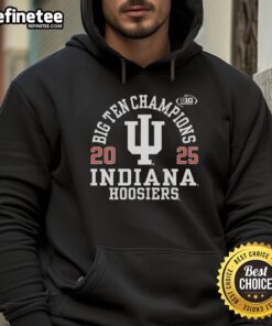 Original Indiana Hoosiers logo on a Big Ten Football Champions 2025 hoodie, showcasing team spirit and style.