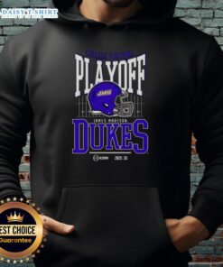 Original James Madison Dukes 2025-2026 College Football Playoff Bound helmet hoodie featuring team colors and logo.