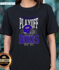 Alt Text: Original James Madison Dukes 2025-2026 College Football Playoff Bound helmet ladies tee design in vibrant colors.
