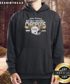 Alt Text: James Madison University Dukes Football 2025 Sun Belt Champions Hoodie featuring team logo and championship details.
