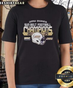 Original James Madison University Dukes Football 2025 Sun Belt Champions Ladies Tee featuring team colors and logo.
