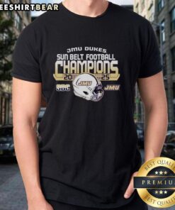 Alt Text: Original James Madison University Dukes Football 2025 Sun Belt Champions T-Shirt featuring team colors and logo.