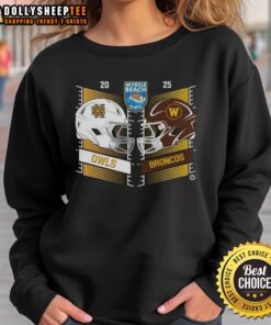 Alt Text: 2025 Myrtle Beach Bowl sweatshirt featuring Kennesaw State Owls vs Western Michigan Broncos helmet design.