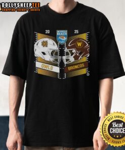 Alt Text: 2025 Myrtle Beach Bowl Kennesaw State Owls vs Western Michigan Broncos head-to-head helmet graphic T-shirt
