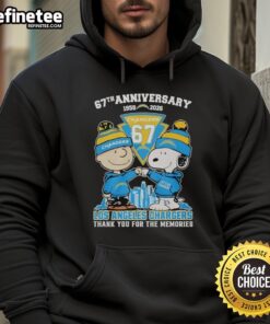 Los Angeles Chargers hoodie featuring Snoopy and Charlie Brown, celebrating the 67th anniversary (1959-2026).