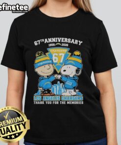 Alt Text: Original Los Angeles Chargers outfit featuring Snoopy and Charlie Brown, celebrating 67th anniversary, ladies tee.