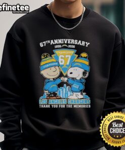 Original Los Angeles Chargers outfit featuring Snoopy and Charlie Brown sweatshirt for 67th anniversary 1959-2026.