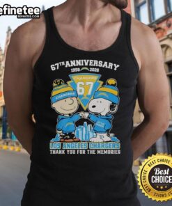 Original Los Angeles Chargers outfit featuring Snoopy and Charlie Brown tank top for the 67th anniversary 1959-2026.