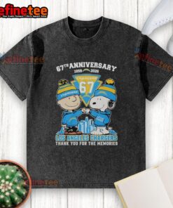 Alt Text: Original Los Angeles Chargers outfit featuring Snoopy and Charlie Brown on a washed t-shirt, celebrating 67th anniversary.