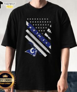 Original Los Angeles Rams Football X Teacher American Flag T-Shirt featuring a patriotic design with Rams logo and colors.