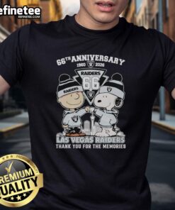 Original Las Vegas Raiders outfit featuring Snoopy and Charlie Brown 66th Anniversary 1960-2026 T-shirt design.