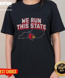 Original Louisville Basketball We Run This State ladies tee featuring bold graphics and a stylish design for fans.
