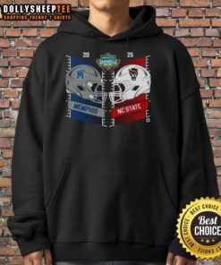 2025 Gasparilla Bowl hoodie featuring dueling helmets of Memphis Tigers vs North Carolina State Wolfpack.