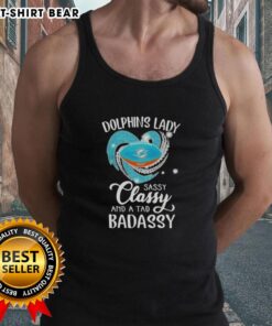 Womens Original Miami Dolphins tank top featuring 'Sassy, Classy, and a Tad Badassy' design with diamond heart graphic.