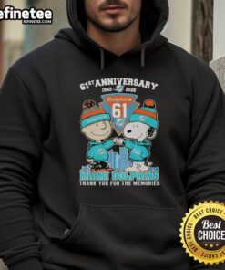 Original Miami Dolphins outfit hoodie featuring Snoopy and Charlie Brown for the 61st Anniversary 1965-2026.