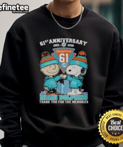 Original Miami Dolphins outfit featuring Snoopy and Charlie Brown for the 61st Anniversary 1965-2026 sweatshirt.
