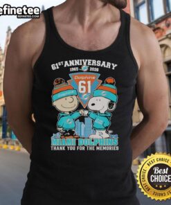 Alt Text: Original Miami Dolphins outfit featuring Snoopy and Charlie Brown tank top for the 61st anniversary, 1965-2026.