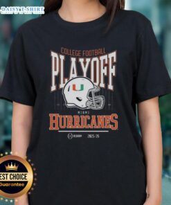 Alt Text: Original Miami Hurricanes College Football Playoff 2025-26 ladies tee featuring vibrant team colors and logo design.