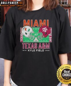 Original Miami Hurricanes vs Texas A&M Aggies 2025 college football helmets on a ladies tee shirt design.