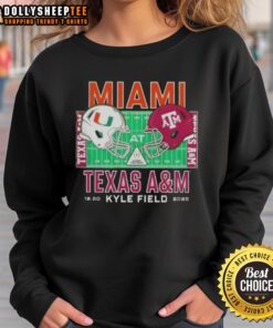Alt Text: 2025 College Football Playoff Sweatshirt featuring original Miami Hurricanes vs Texas A&M Aggies helmets design.