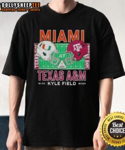 Original Miami Hurricanes vs Texas A&M Aggies 2025 college football helmets on a playoff T-shirt design.