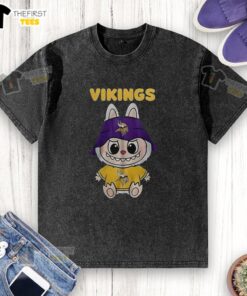 Original Minnesota Vikings Labubu Washed T-Shirt featuring bold team graphics and a comfortable fit for fans.