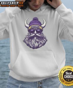 Original Minnesota Vikings mascot in a beanie and sunglasses, wearing a hoodie, showcasing team spirit and style.