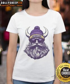 Alt Text: Original Minnesota Vikings mascot in a beanie and sunglasses on a ladies' tee, showcasing team spirit and style.