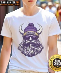 Original Minnesota Vikings mascot in a beanie and sunglasses on a t-shirt, showcasing team spirit and style.