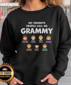 Cozy sweatshirt saying 'My Favorite People Call Me Grammy' featuring names Izaak, Sean, Jessica, Connor, Emily, Nathan.