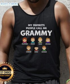 Grammy Allyson wearing a tank top with 'My Favorite People Call Me Grammy' surrounded by Izaak, Sean, Jessica, Connor, Emily, Nathan.