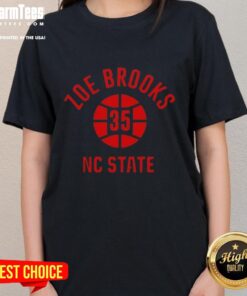 NC State Basketball Zoe Brooks Name Number Ball 35 Ladies Tee featuring vibrant team colors and stylish design.