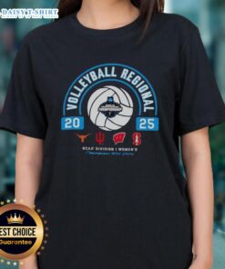 2025 NCAA Division I Women's Volleyball Regional tee featuring Longhorns, Hoosiers, Wisconsin, and Stanford logos.