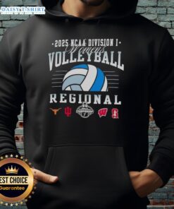 2025 NCAA Division I Women's Volleyball Regional hoodie featuring Longhorns, Hoosiers, Wisconsin, and Stanford logos.