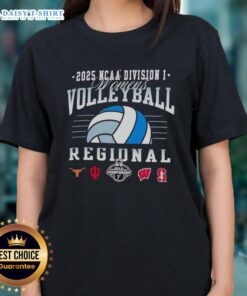 Alt Text: Original NCAA Division I Women's Volleyball Regional 2025 logos for Longhorns, Hoosiers, Wisconsin, and Stanford on a ladies tee.