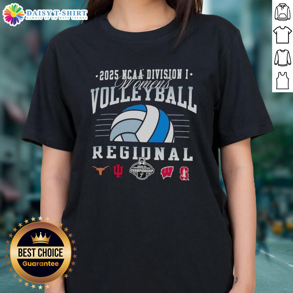 Original NCAA Division I Women's Volleyball Regional 2025 Longhorns Hoosiers Wisconsin And Stanford Logos Ladies-Tee Alt Text: Original NCAA Division I Women's Volleyball Regional 2025 logos for Longhorns, Hoosiers, Wisconsin, and Stanford on a ladies tee.
