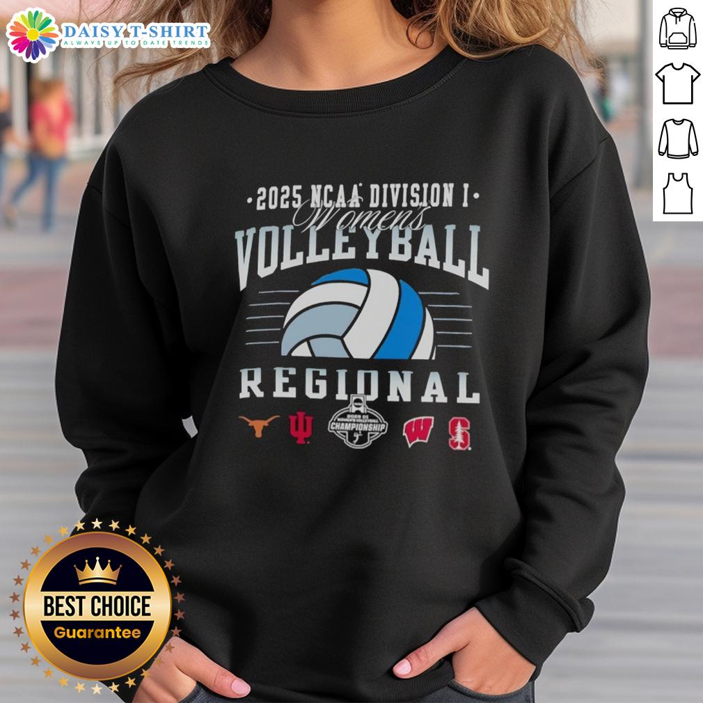 Original NCAA Division I Women's Volleyball Regional 2025 Longhorns Hoosiers Wisconsin And Stanford Logos Sweatshirt Alt Text: Original NCAA Division I Women's Volleyball Regional 2025 sweatshirt featuring Longhorns, Hoosiers, Wisconsin, and Stanford logos.
