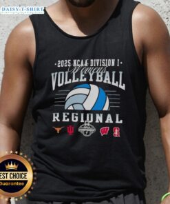 Alt Text: 2025 NCAA Division I Women's Volleyball Regional tank top featuring Longhorns, Hoosiers, Wisconsin, and Stanford logos.