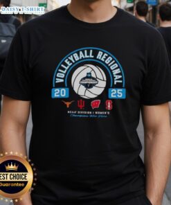 2025 NCAA Division I Women's Volleyball Regional T-Shirt featuring Longhorns, Hoosiers, Wisconsin, and Stanford logos.