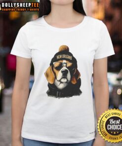 Alt Text: Original New Orleans Saints mascot wearing a beanie and sunglasses on a ladies tee, showcasing team spirit and style.