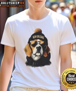 Alt Text: Original New Orleans Saints mascot in a beanie and sunglasses on a stylish t-shirt, showcasing team spirit and fun.